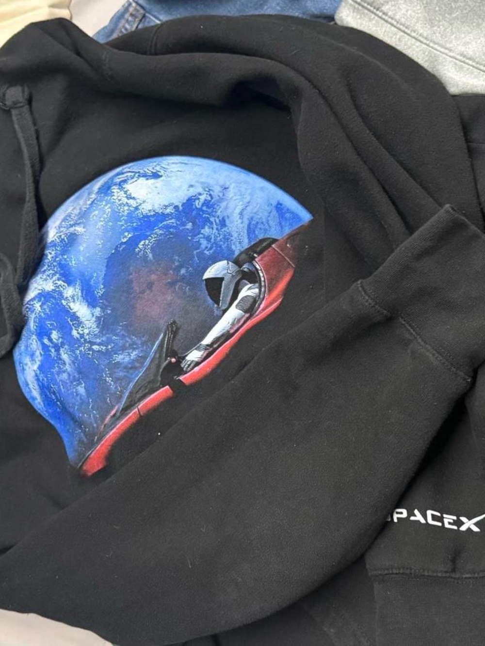 Tesla Black Hoodie with Blue Earth and Red Roadster Graphic